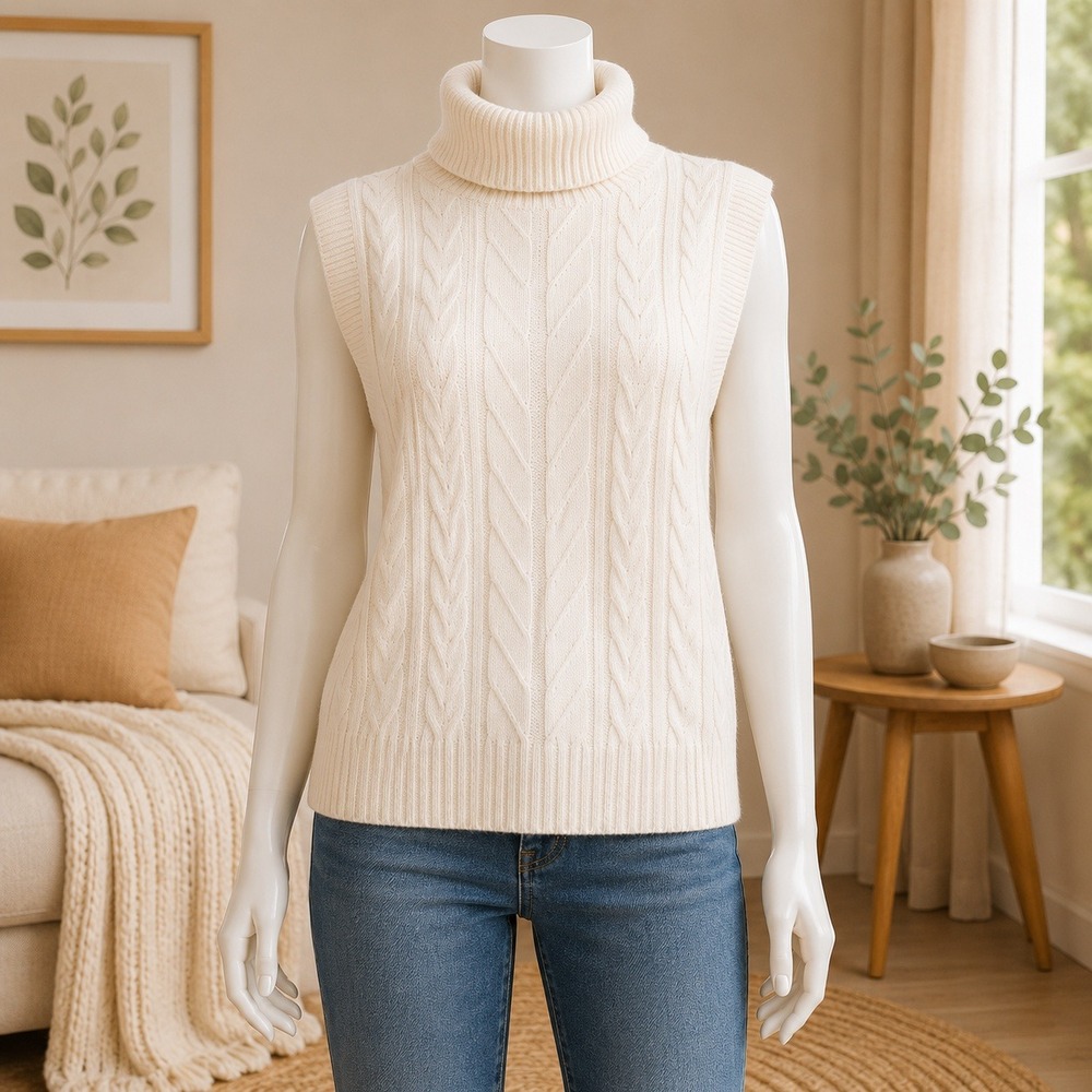 NWT Cupshe Cable Knit Sweater Vest Womens Large Cream Turtleneck‎ CAA06D4J001GG